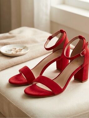 Red Block Heel Ankle-Strap Sandals